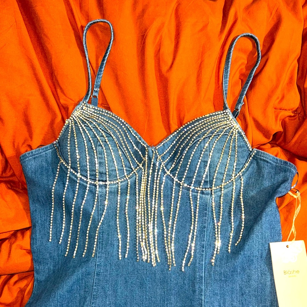 NWT Blāshe denim rhinestone dress. Size L. Never worn